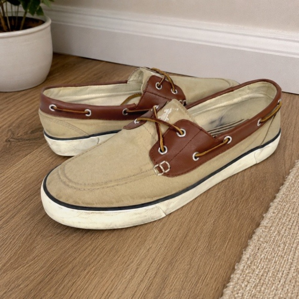 Polo Ralph Lauren Rylander Boat Shoes Beige Canvas Leather Mens 12D